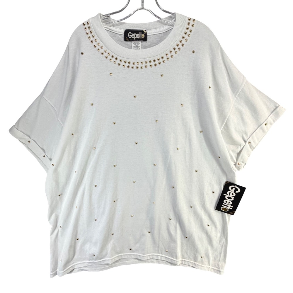 Vintage Gepetto T-Shirt‎ Top Womens 3XL White Studded Embellished Boxy Coastal